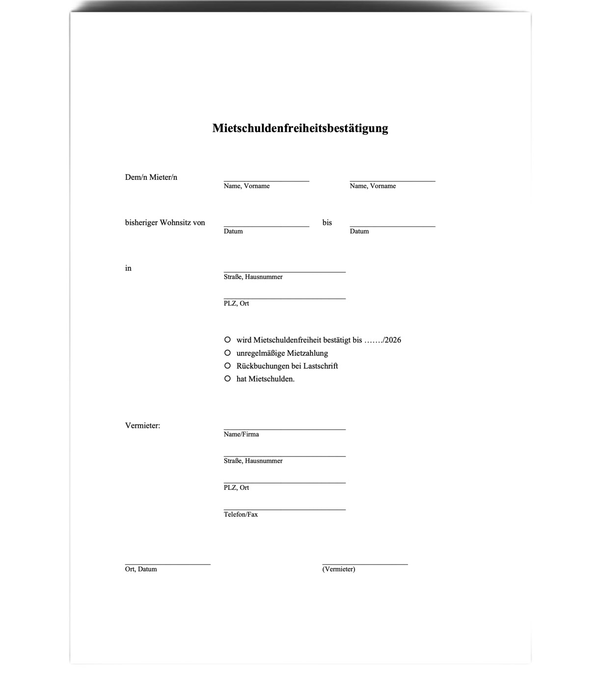 Mietschuldenfreiheitsbestätigung